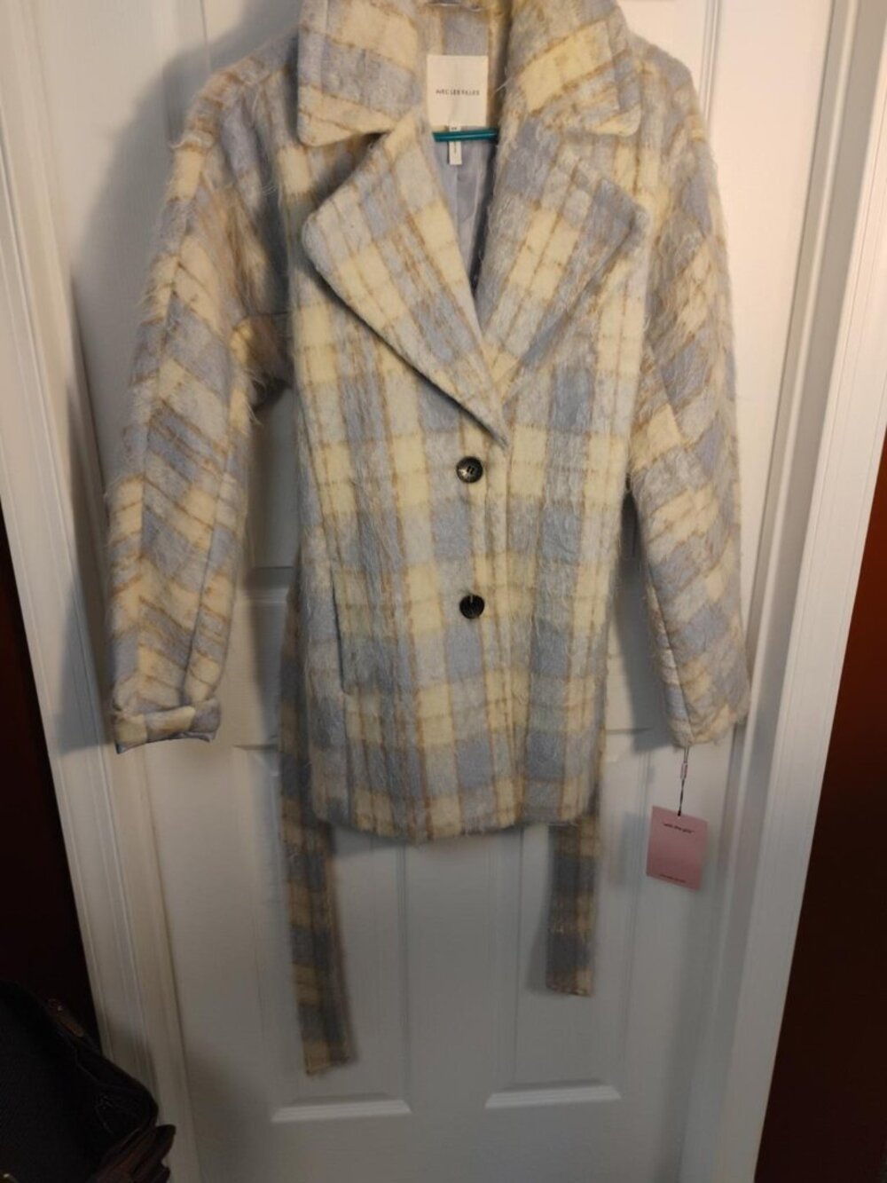 NWT Avec Les Filles Pastel Plaid Brushed Belted Coat XS